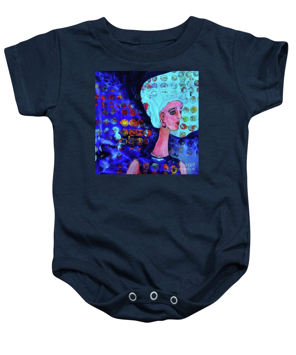 Girl Baby Onesie featuring the painting Blue Haired Girl on Windy Day by Claire Bull