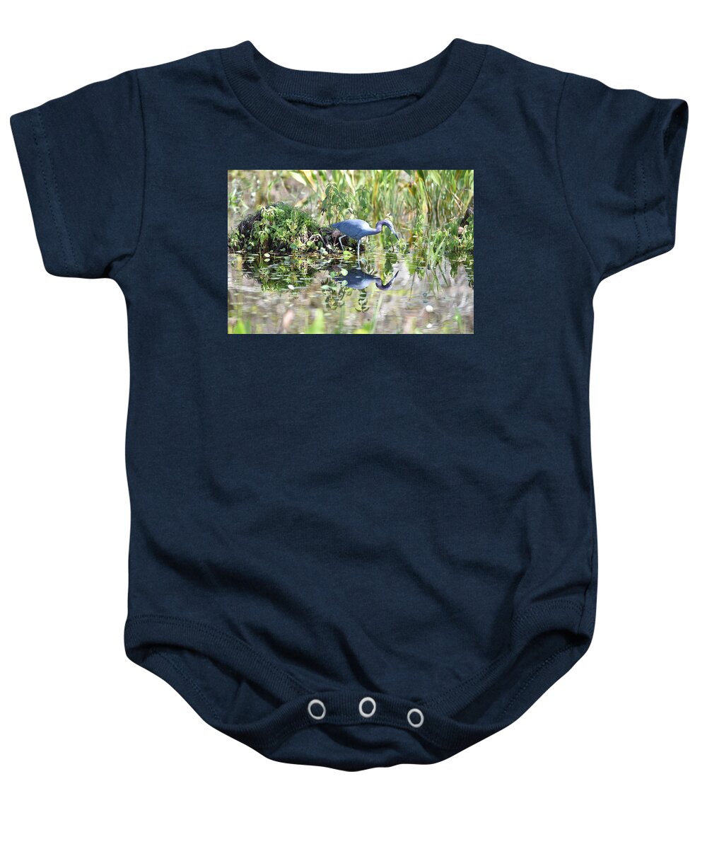 Blue Heron Baby Onesie featuring the photograph Blue Heron Fishing in a Pond in Bright Daylight by Artful Imagery