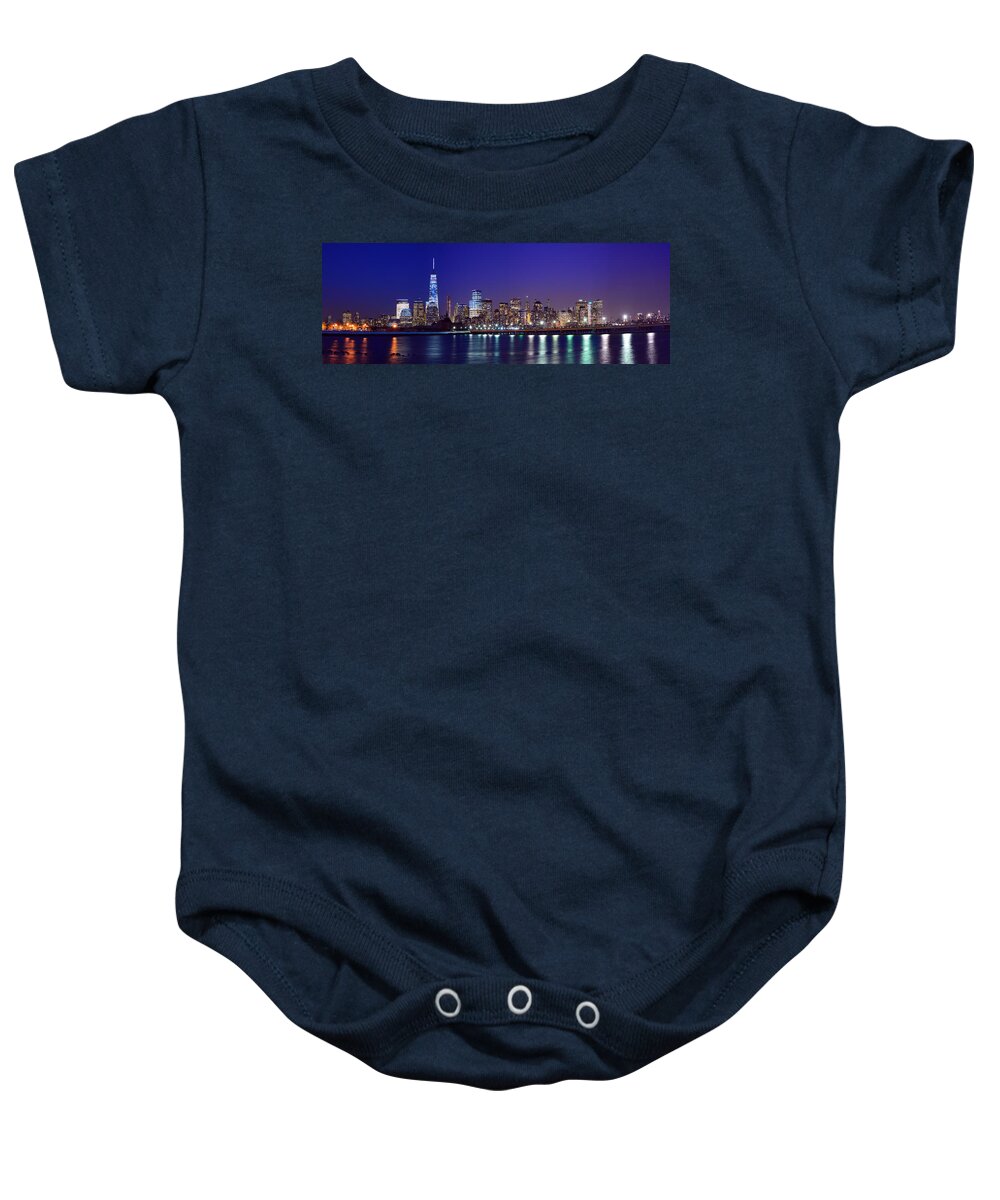 Blue Hour Panorama World Trade Center Baby Onesie featuring the photograph Blue Hour Panorama New York World Trade Center with Freedom Tower from Liberty State Park by Raymond Salani III