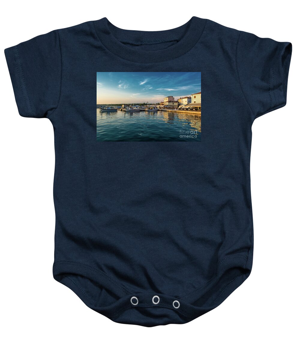 Harbor Baby Onesie featuring the photograph Boats in Harbor in Croatia at Sunset by Andreas Berthold
