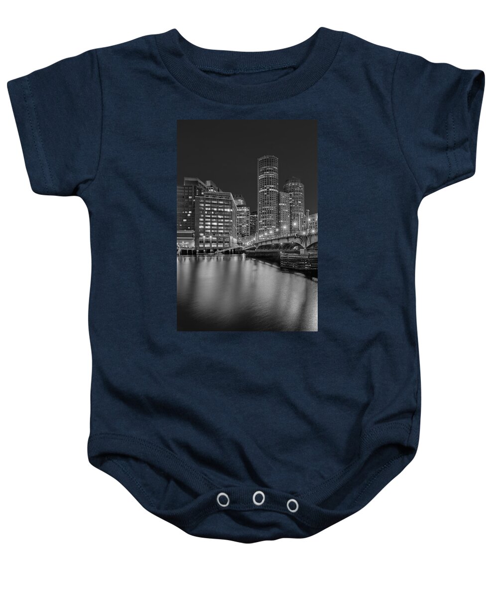 Boston Baby Onesie featuring the photograph Boston Skyline Blue Hour BW by Susan Candelario