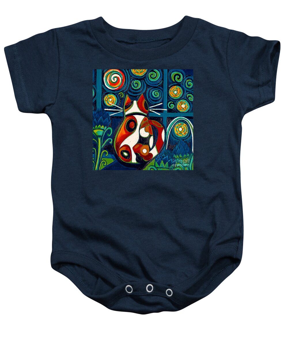 Cat Baby Onesie featuring the painting Calico Cat At Window On A Starry Night by Genevieve Esson