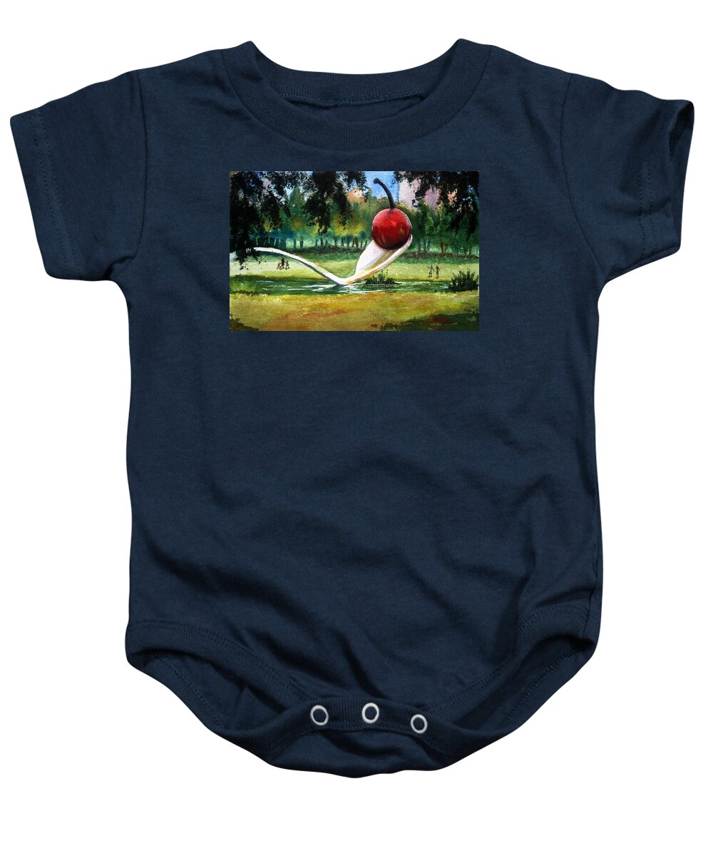 Cherry & Spoon Baby Onesie featuring the painting Cherry and Spoon by Marilyn Jacobson