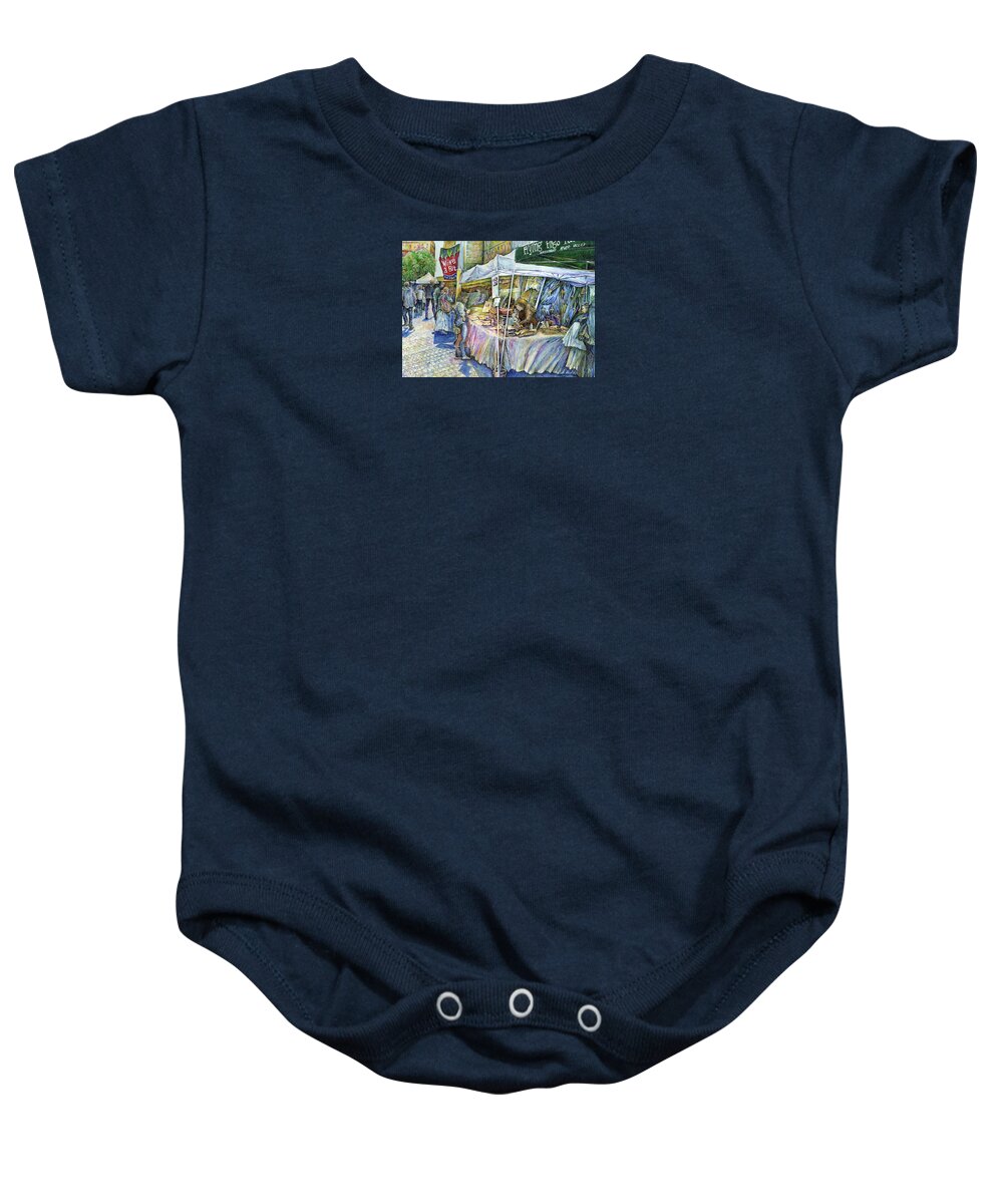 Union Square New York City Baby Onesie featuring the painting Corner of Flying Pigs and Wine a Bit by Gaye Elise Beda