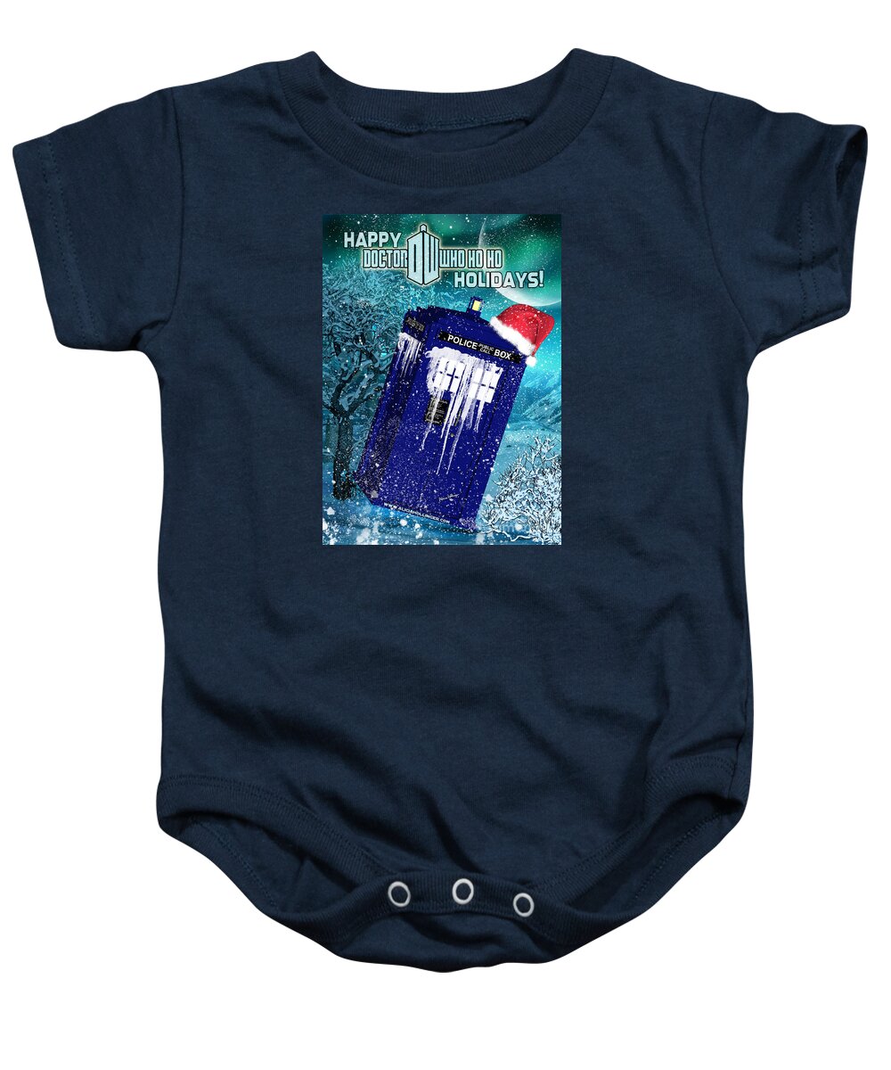 Doctor Who Baby Onesie featuring the digital art Doctor Who Tardis Holiday Card by Alicia Hollinger