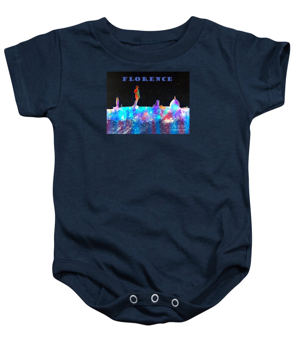 Skyline Baby Onesie featuring the painting Florence Italy Skyline - Blue Banner by Bill Holkham