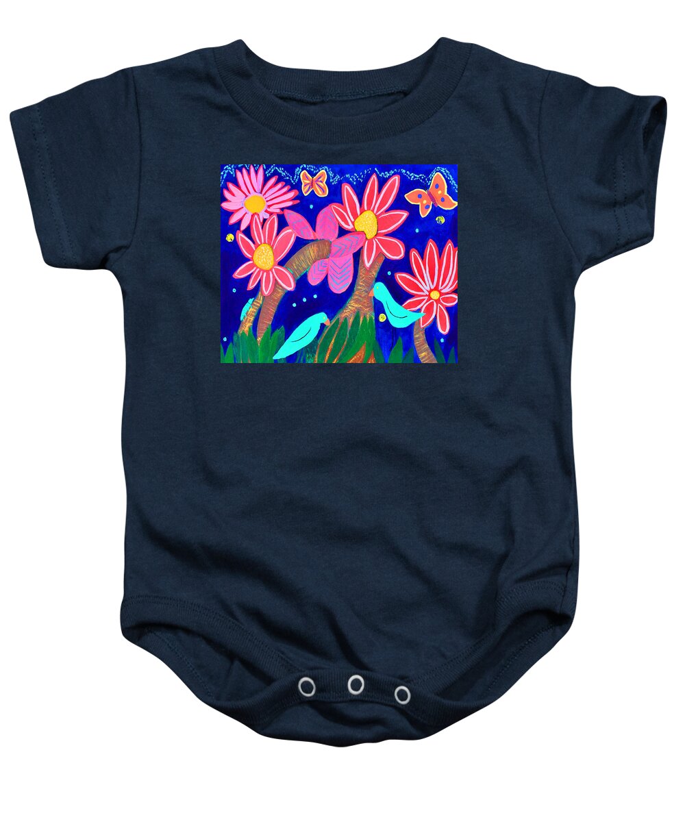 Children's Paintings Baby Onesie featuring the painting Flowers by Sue Gurland