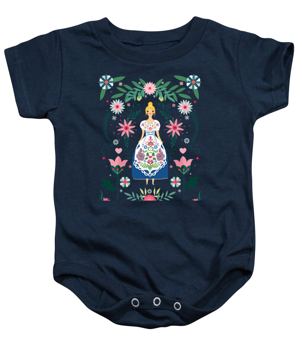 Painting Baby Onesie featuring the painting Folk Art Forest Fairy Tale Fraulein by Little Bunny Sunshine