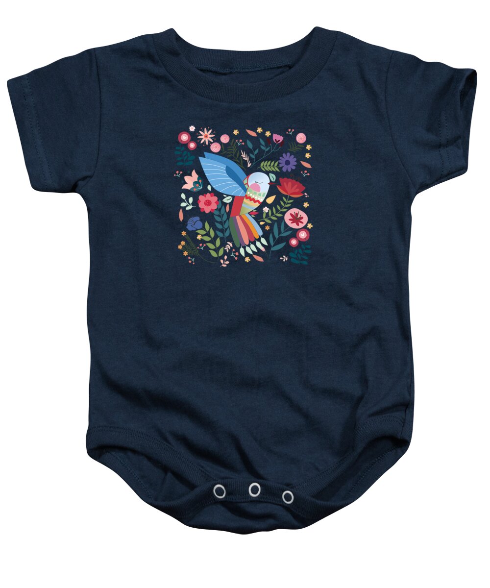 Painting Baby Onesie featuring the painting Folk Art Inspired Hummingbird With A Flurry Of Flowers by Little Bunny Sunshine