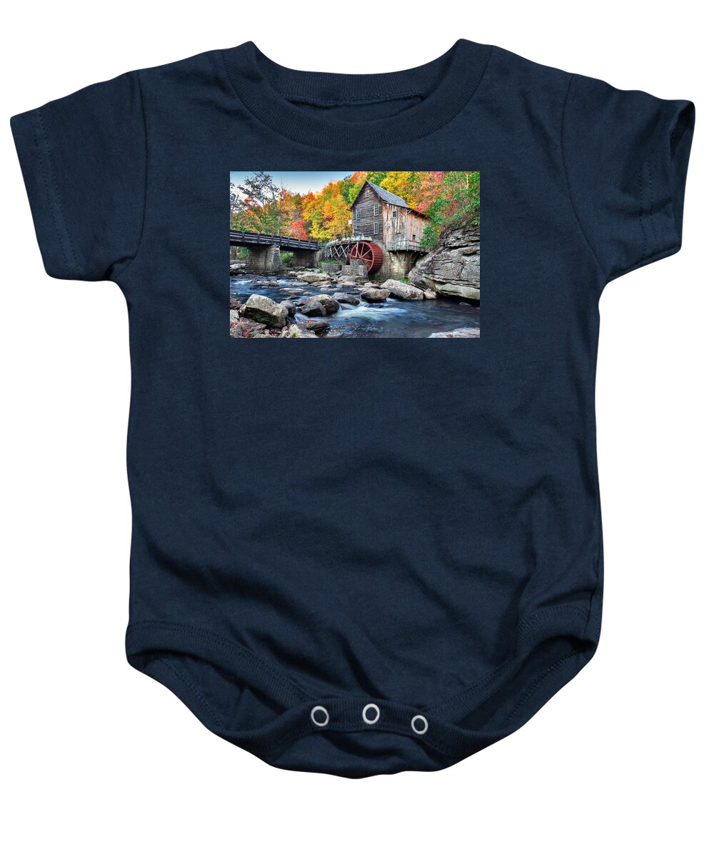 Babcock State Park Baby Onesie featuring the photograph Glade Creek Grist Mill by Mary Almond