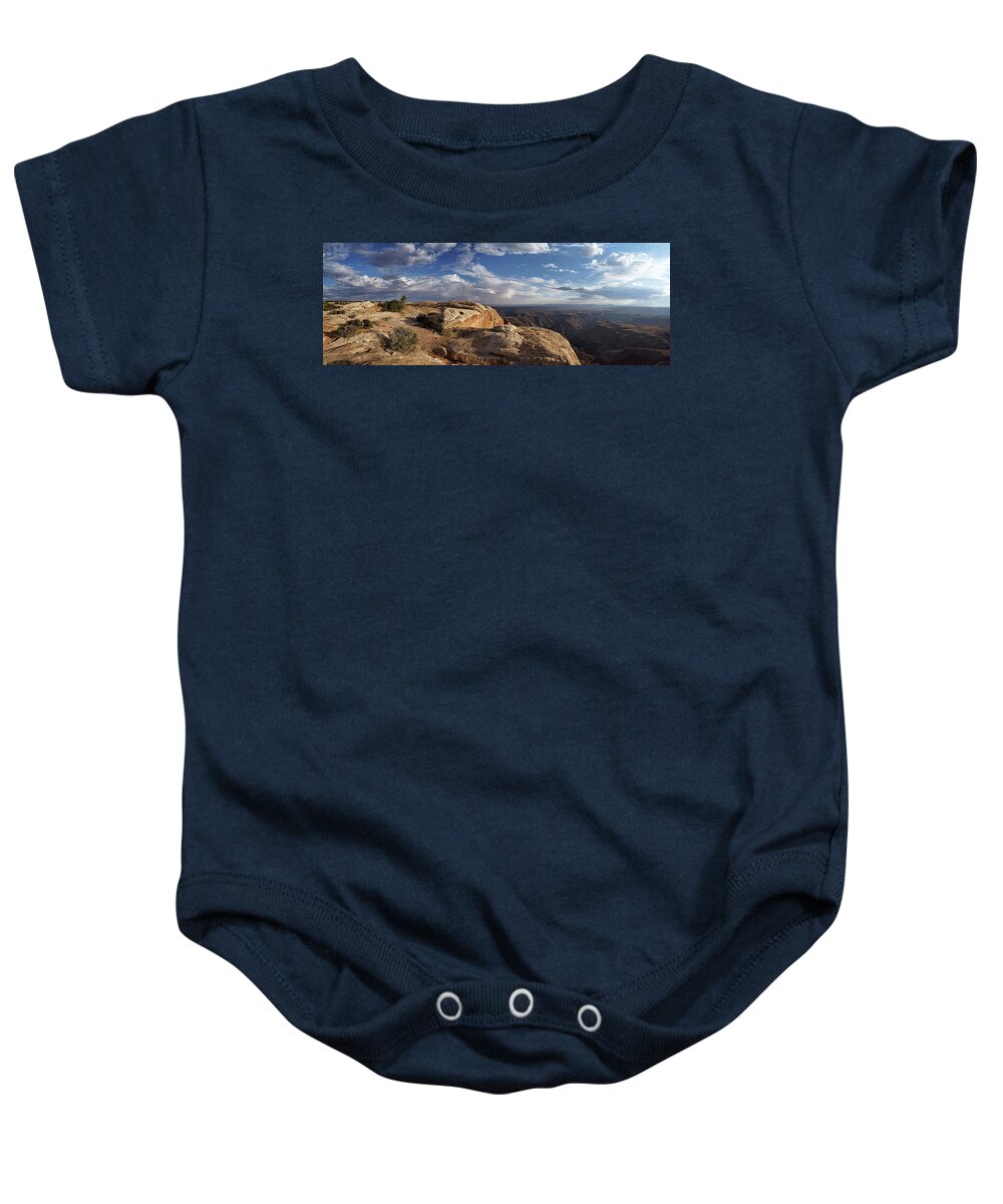 Muley Point Baby Onesie featuring the photograph Golden Cliff Hanger by Leda Robertson