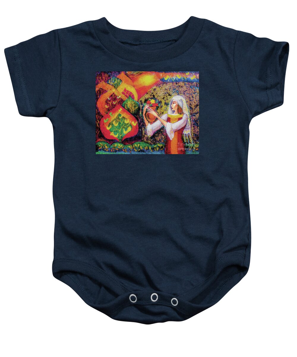Ethnic Woman Baby Onesie featuring the painting Golden Forest by Eva Campbell