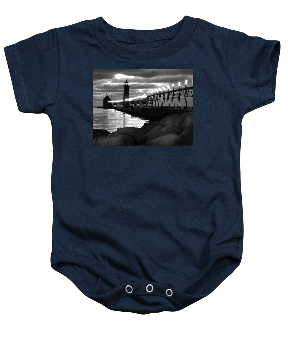 Evening Baby Onesie featuring the photograph Grand Haven Lighthouse Evening B W by David T Wilkinson