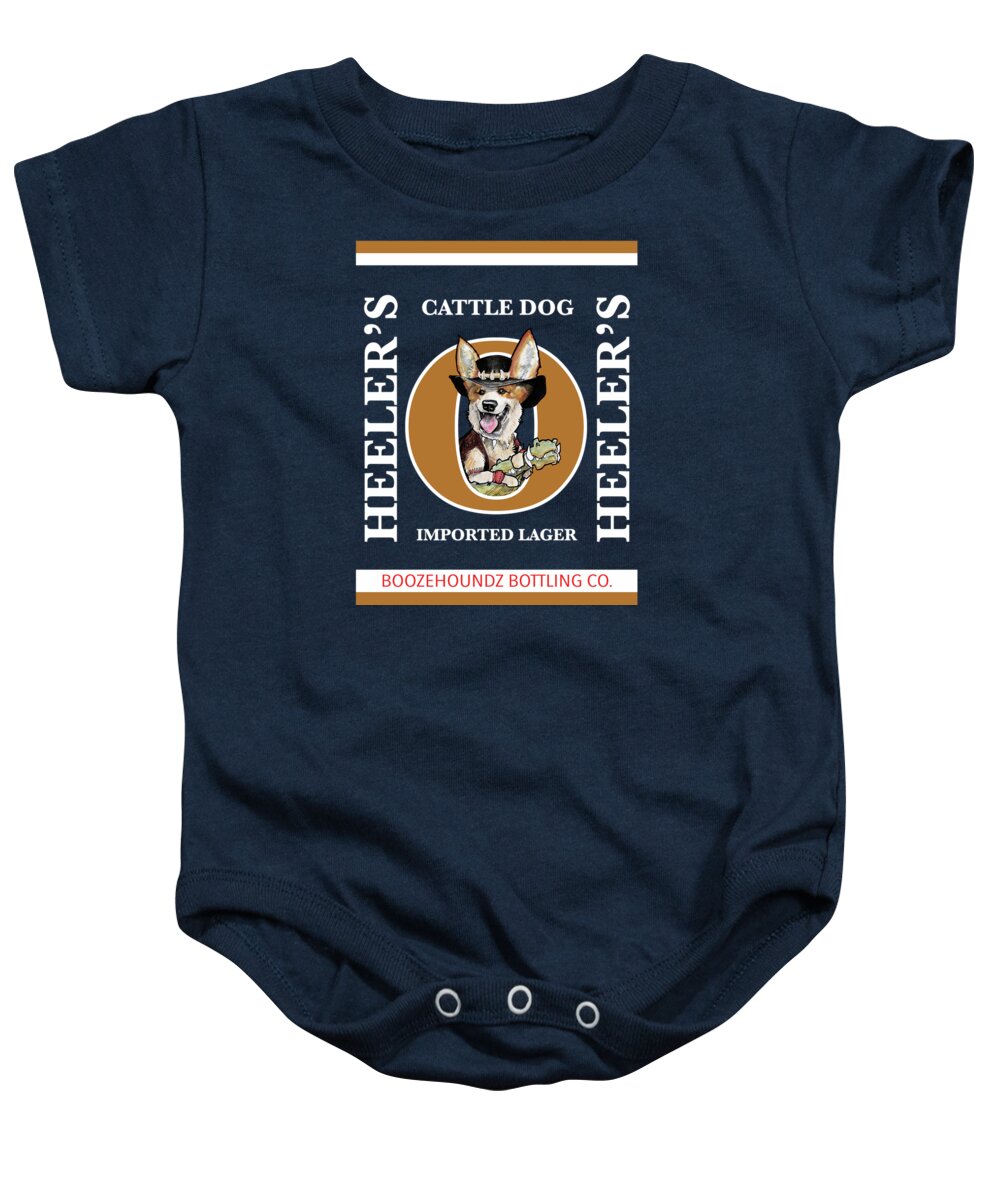 Beer Baby Onesie featuring the drawing Heeler's Cattle Dog Imported Lager by Canine Caricatures By John LaFree