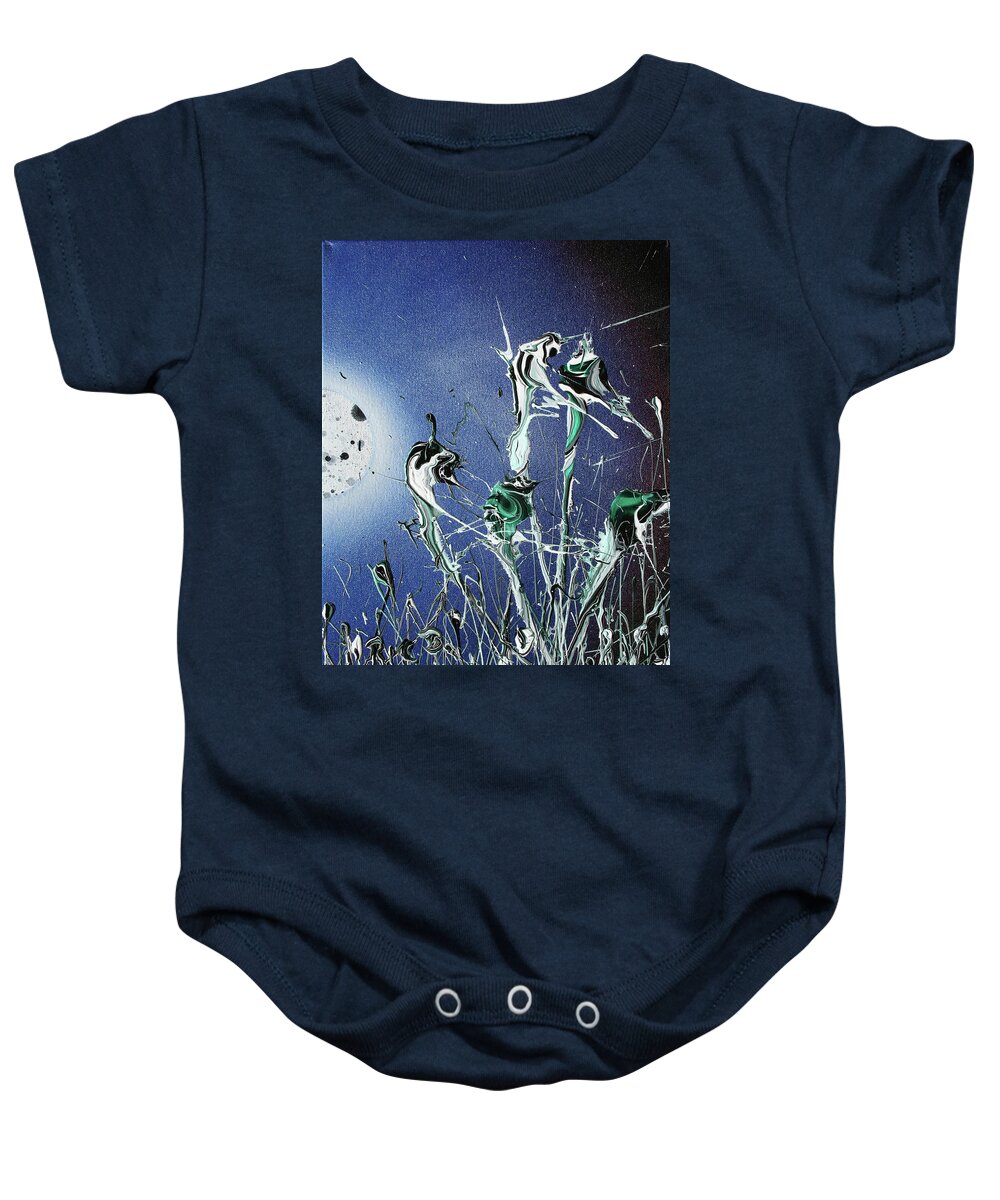Moon Baby Onesie featuring the painting Hitching a Ride on an Unrelenting Spark by Ric Bascobert