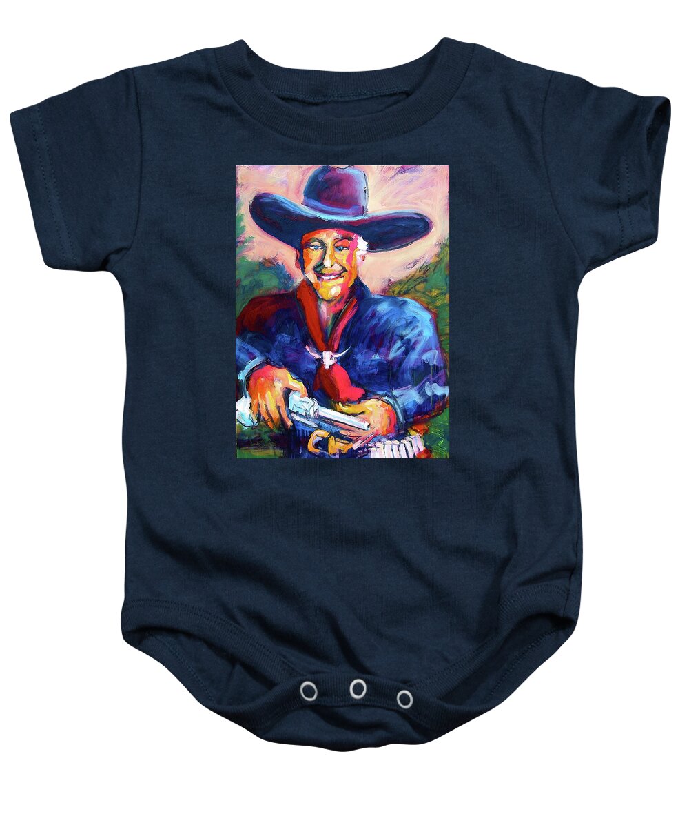 Hopalong Cassidy Baby Onesie featuring the painting Hoppy's Got a Gun by Les Leffingwell