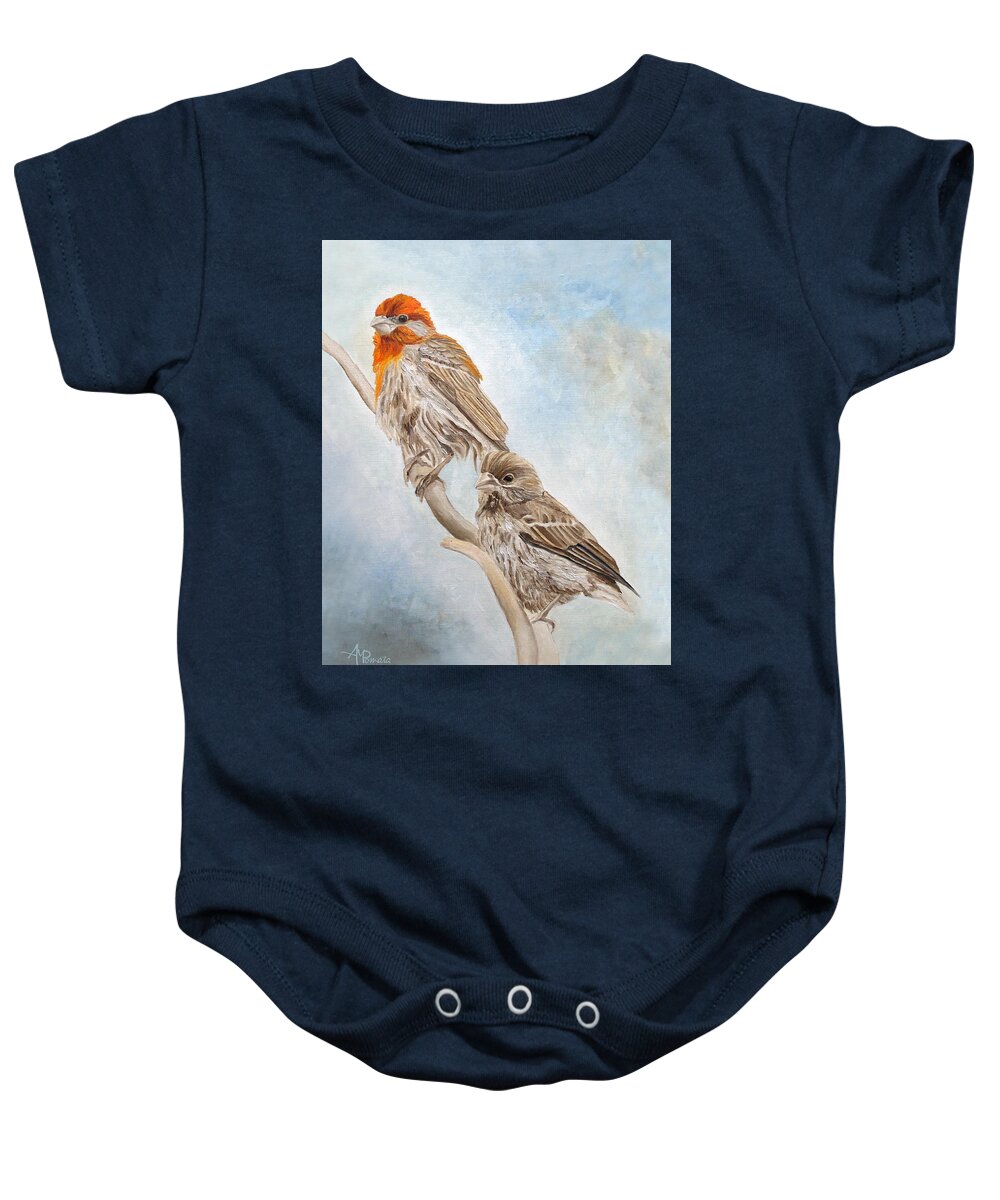 Finch Baby Onesie featuring the painting House Finch Couple by Angeles M Pomata
