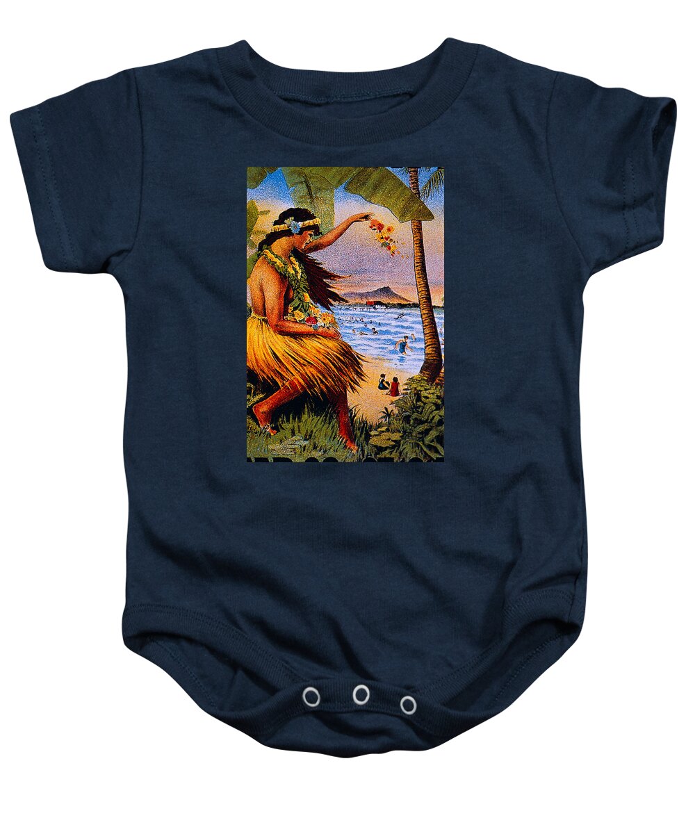 1915 Baby Onesie featuring the painting Hula Flower Girl 1915 by Hawaiian Legacy Archive - Printscapes