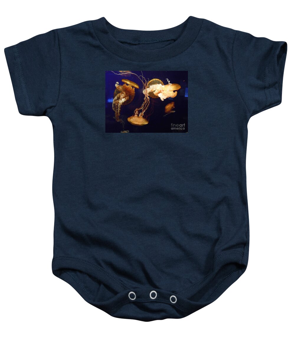  Baby Onesie featuring the photograph Jelly Fish Brown on bBue by David Frederick