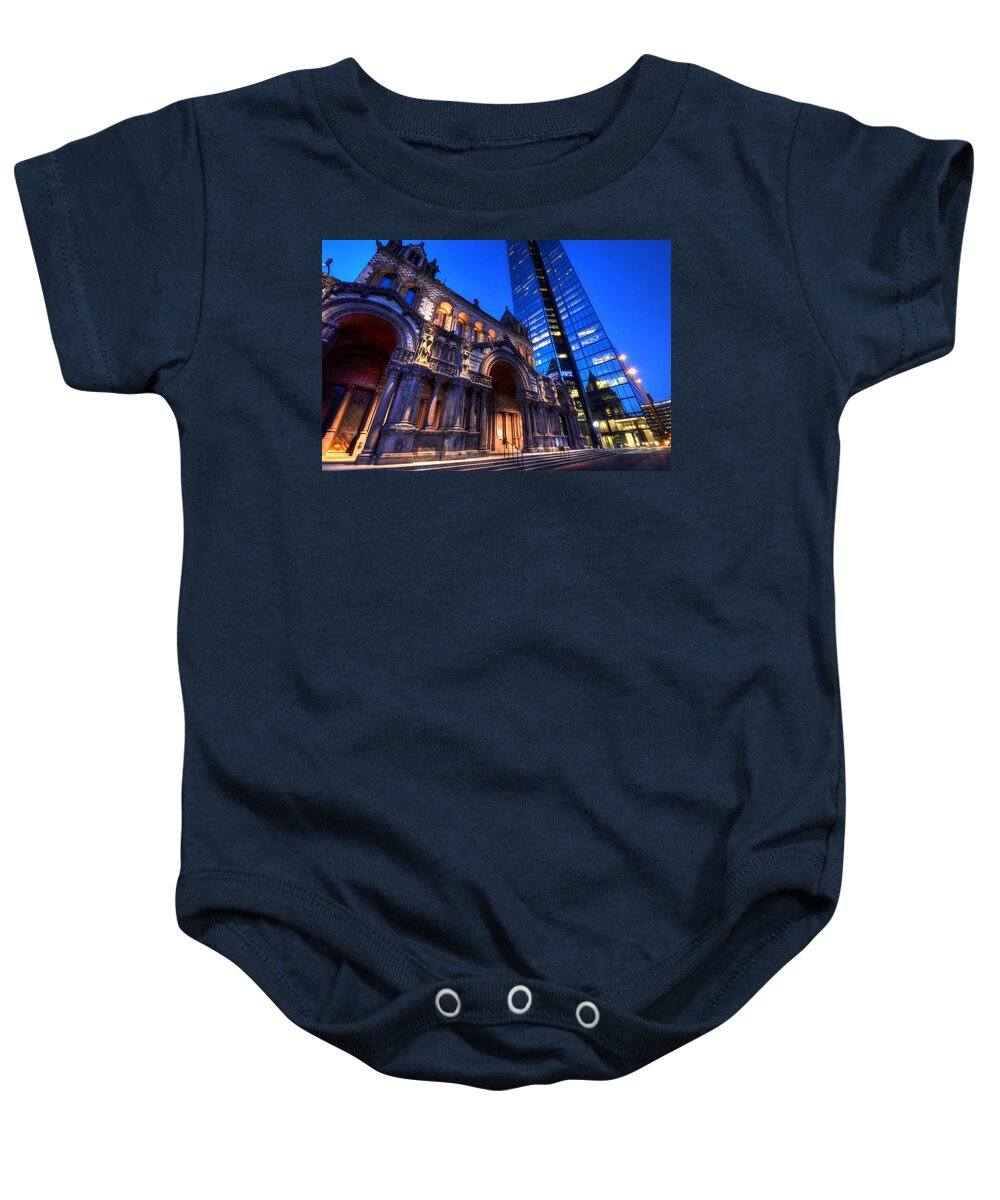 Boston Baby Onesie featuring the photograph John Hancock Tower Trinity Church Boston MA by Toby McGuire