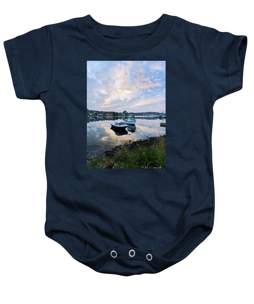 Mylor Baby Onesie featuring the photograph Light on the Boats by Terri Waters