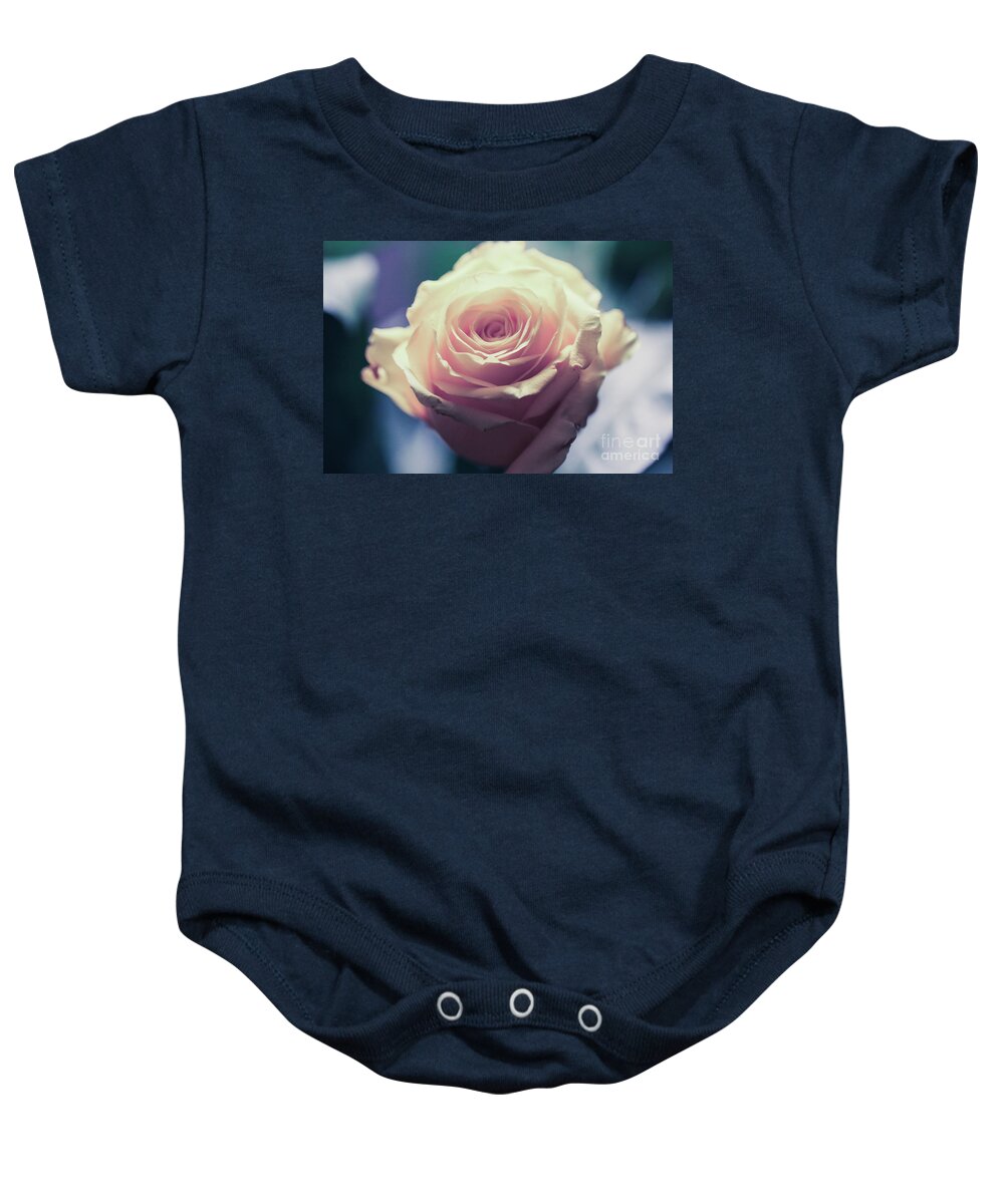 Art Baby Onesie featuring the photograph Light Pink Head Of A Rose On Blue Background by Amanda Mohler