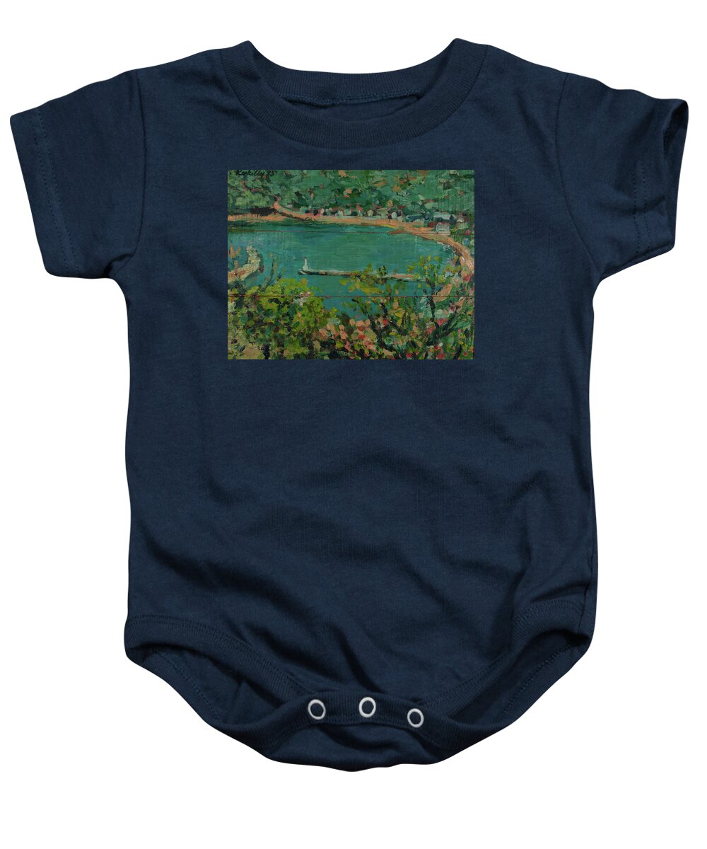 Painting Baby Onesie featuring the painting Looking down on harbour on Skopelos by Peregrine Roskilly