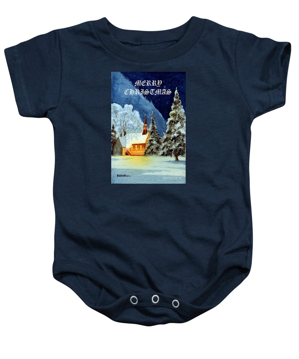 Merry Christmas Card Baby Onesie featuring the painting Merry Christmas Card Yosemite Valley Chapel by Bill Holkham