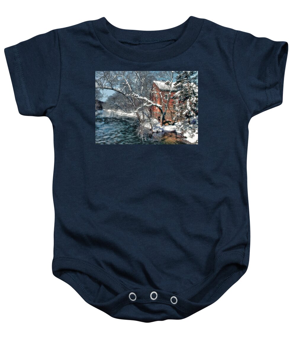 Winter Baby Onesie featuring the photograph Mill House in Winter by Geoff Crego