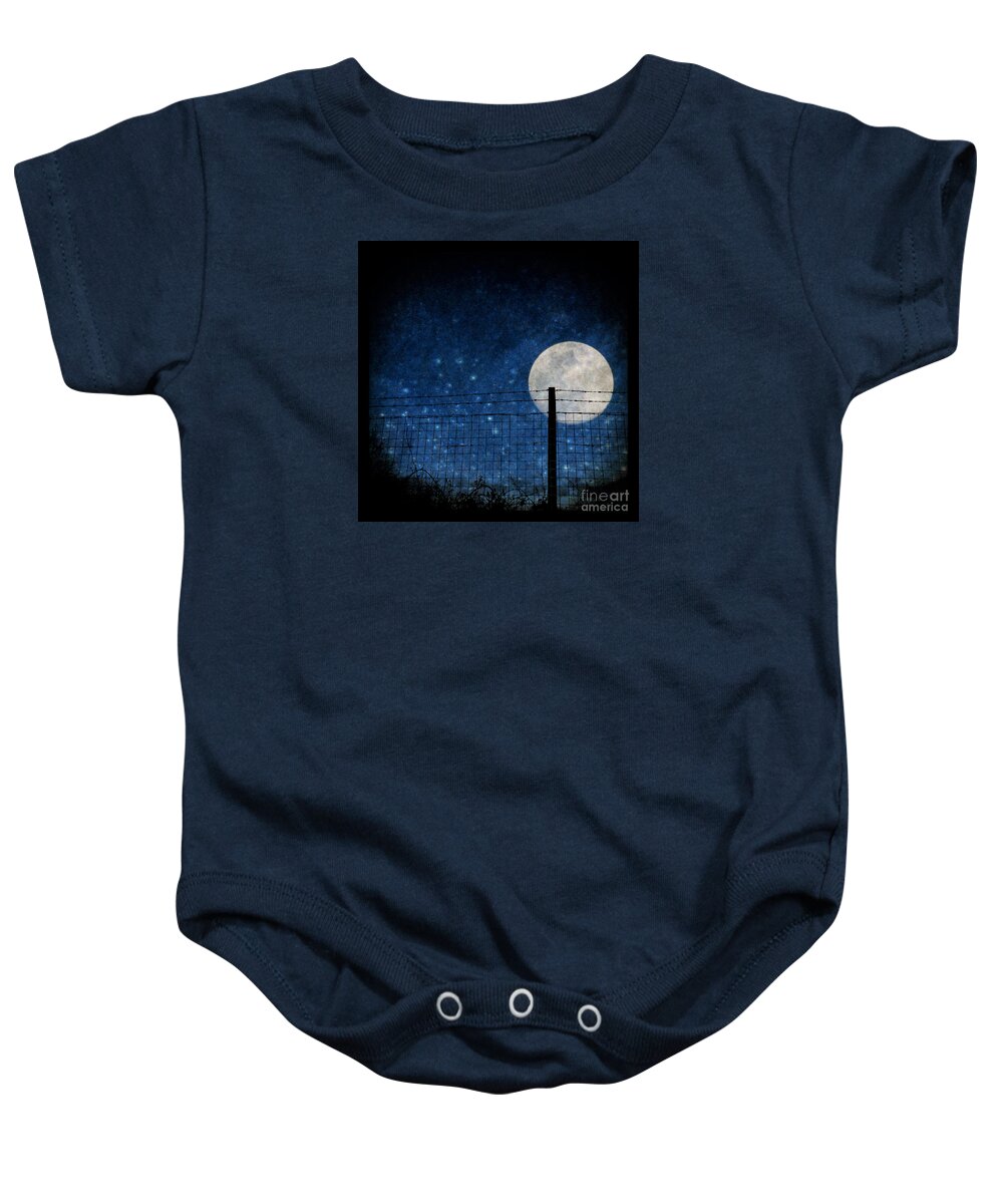 Moon Baby Onesie featuring the photograph Moon, stars and fence by Clayton Bastiani