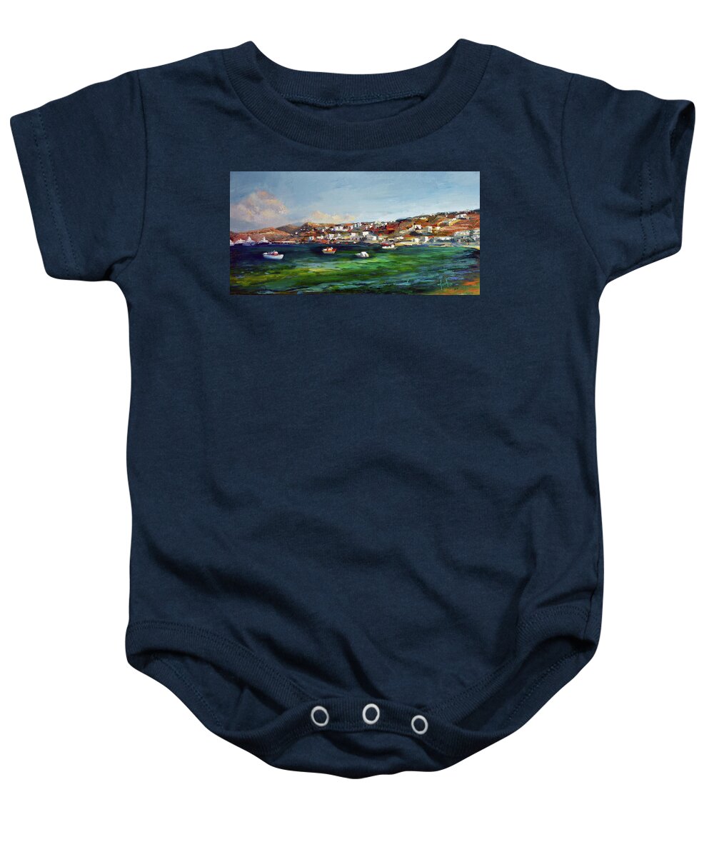  Baby Onesie featuring the painting Mykonos Harbour by Josef Kelly
