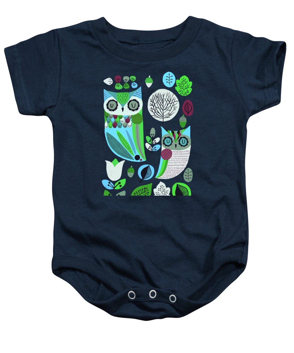 Retro Baby Onesie featuring the painting Night Owls by Little Bunny Sunshine