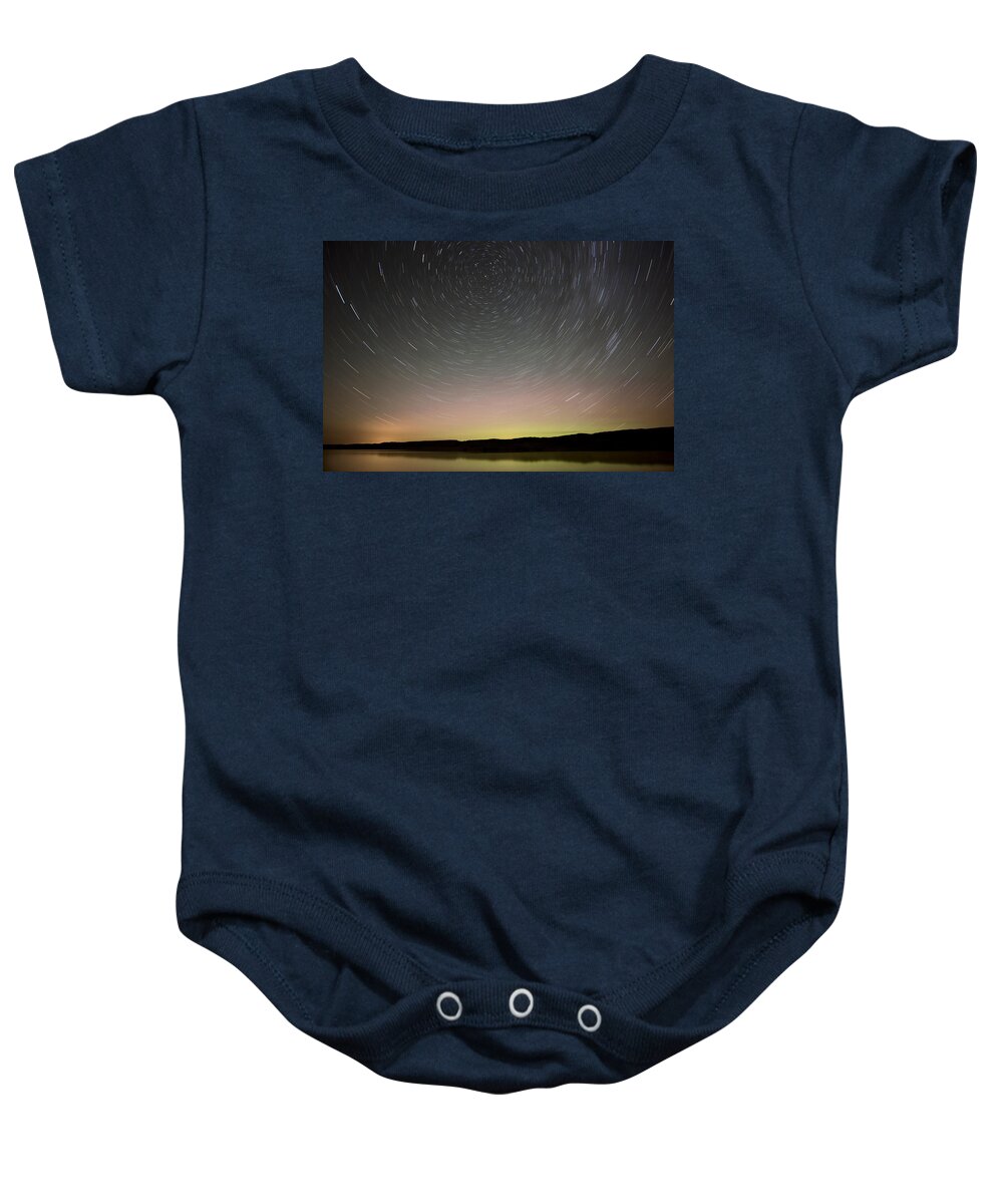 Night Baby Onesie featuring the photograph Night Shot Star Trails lake by Mark Duffy