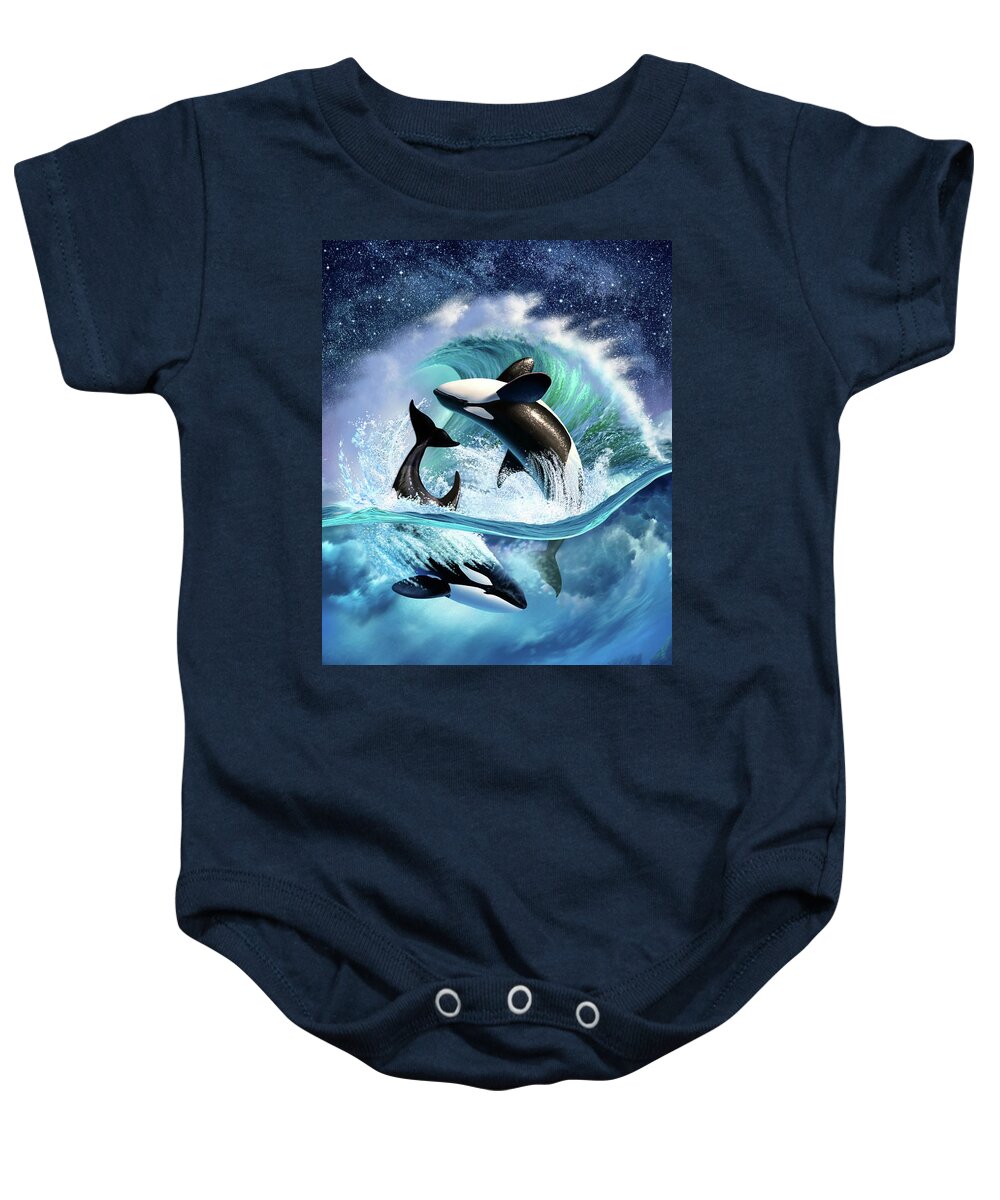 #faatoppicks Baby Onesie featuring the digital art Orca Wave by Jerry LoFaro