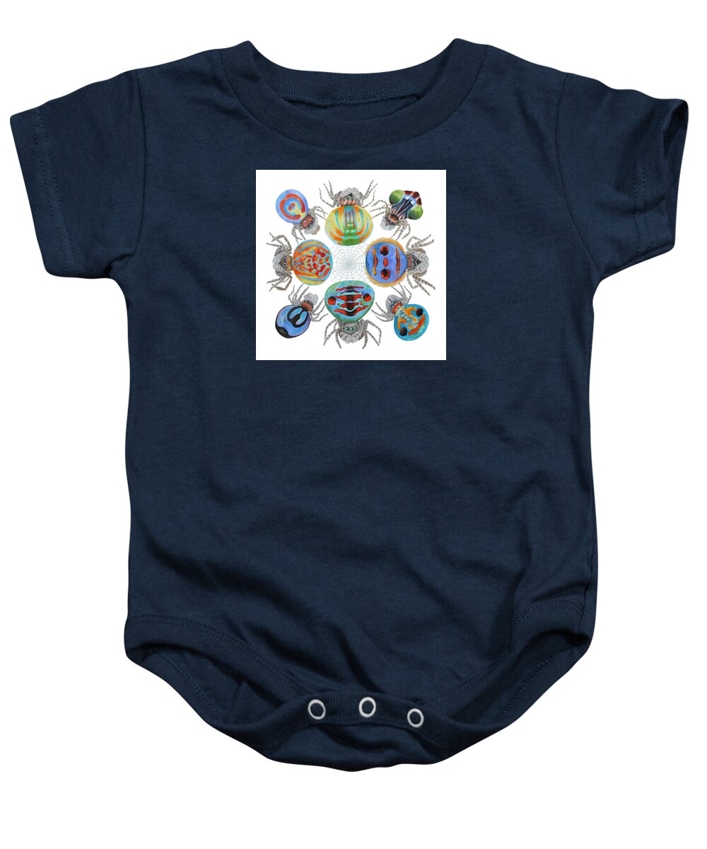 Peacock Spider Baby Onesie featuring the painting Toxic Tango II Peacock Spiders by Lucy Arnold