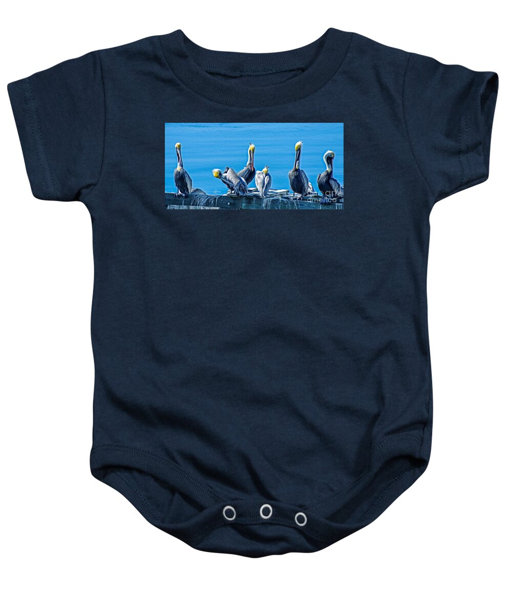 Animals Baby Onesie featuring the painting Pelicans Siesta - Oil by DB Hayes