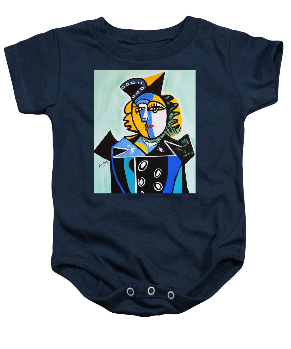 Picasso By Nora Baby Onesie featuring the painting Picasso By Nora The Queen by Nora Shepley