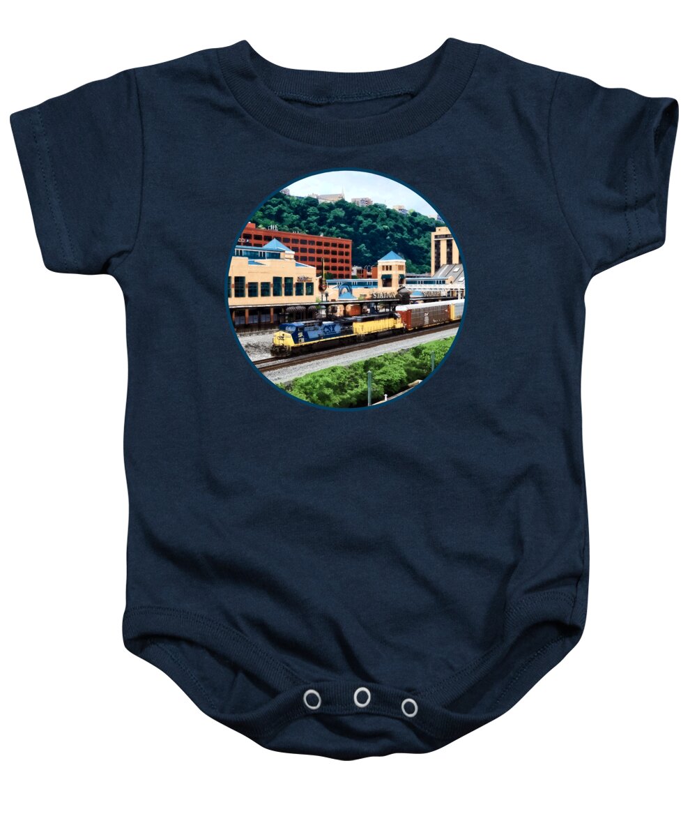 Pittsburgh Baby Onesie featuring the photograph Pittsburgh PA - Freight Train Going By Station Square by Susan Savad