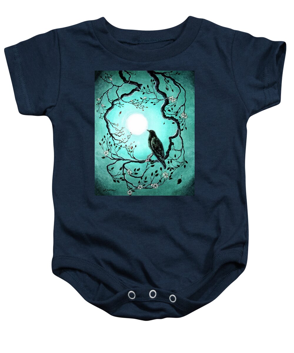 Crow Baby Onesie featuring the painting Raven in Teal by Laura Iverson