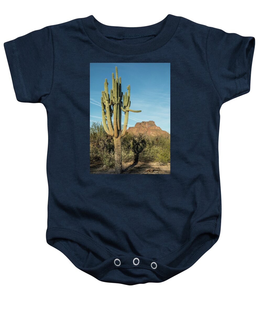 Red Baby Onesie featuring the photograph Red Mountain and Saguaro Shadow 2439-032118-cr by Tam Ryan