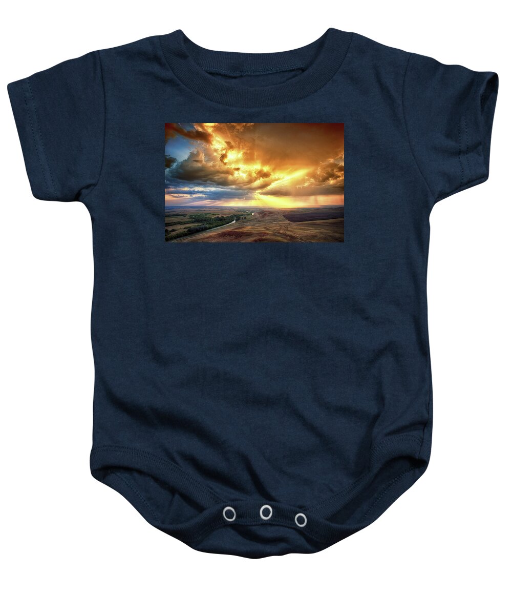 Sunny Hill Baby Onesie featuring the photograph Rolling Rain of Summer Sunset by John Williams