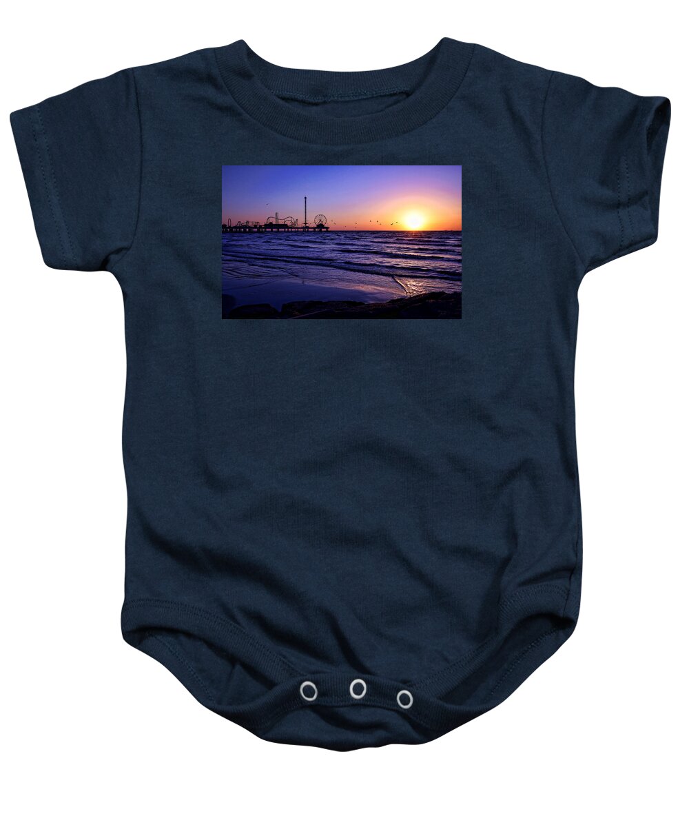 Galveston Baby Onesie featuring the photograph Seagull Sunrise by Judy Vincent