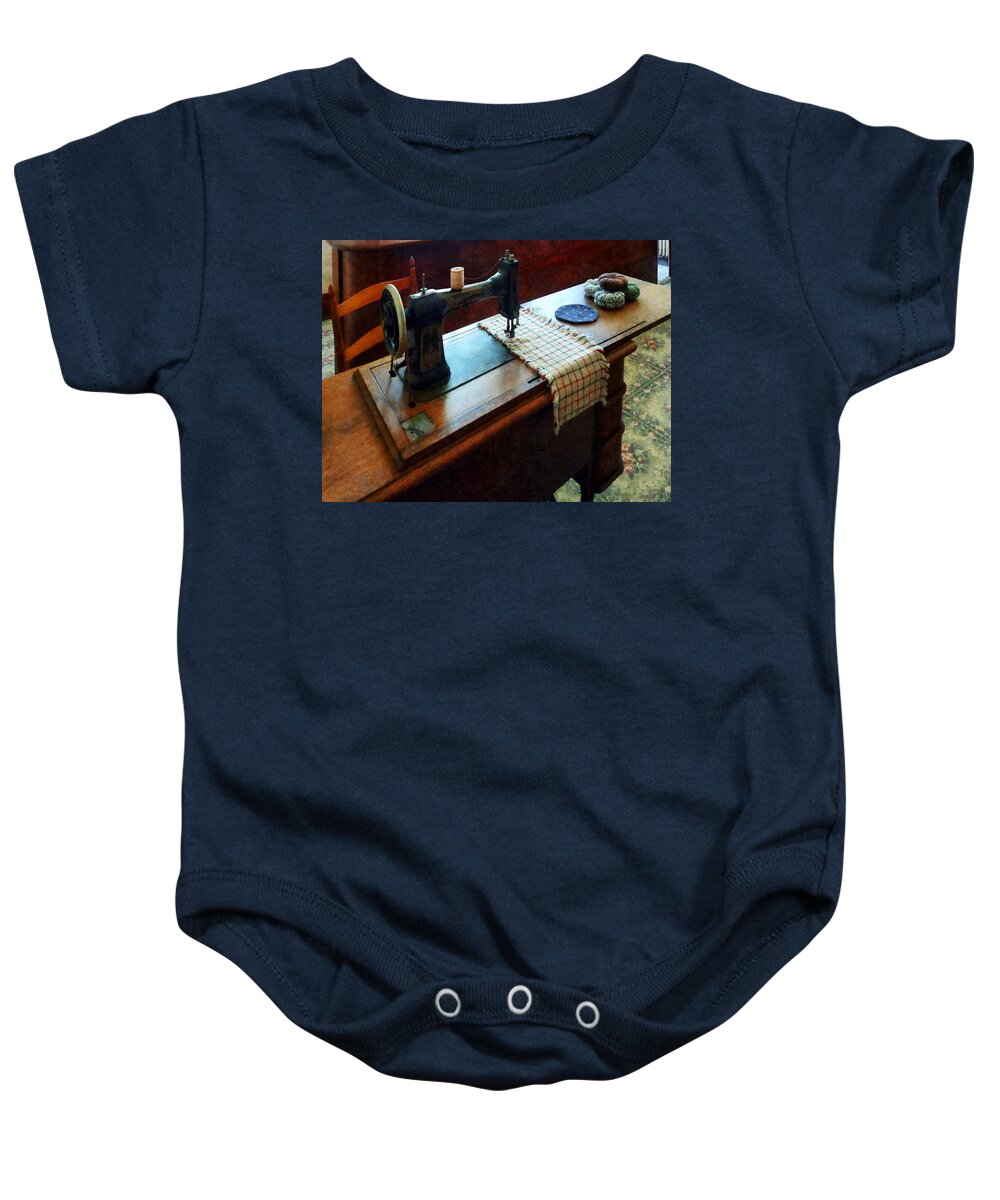 Sewing Machine Baby Onesie featuring the photograph Sewing Machine and Pincushions by Susan Savad