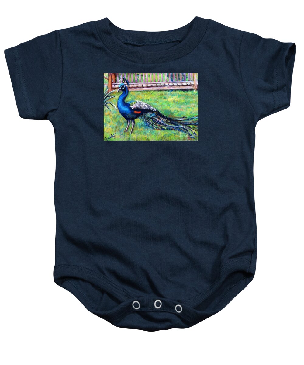 Peacock Baby Onesie featuring the painting Shimmer by Beverly Boulet