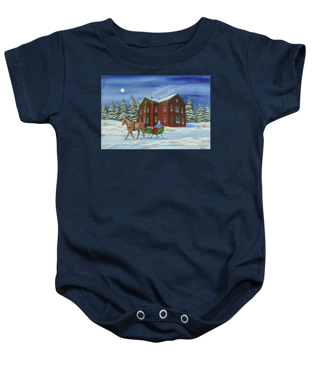 Sleigh Ride Baby Onesie featuring the painting Sleigh Ride With A Full Moon by Charlotte Blanchard