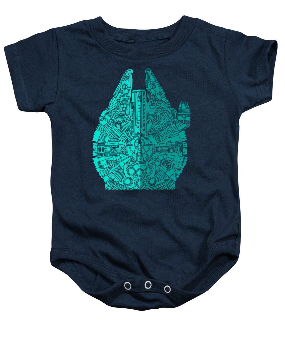 Millennium Baby Onesie featuring the mixed media Star Wars Art - Millennium Falcon - Blue 02 by Studio Grafiikka