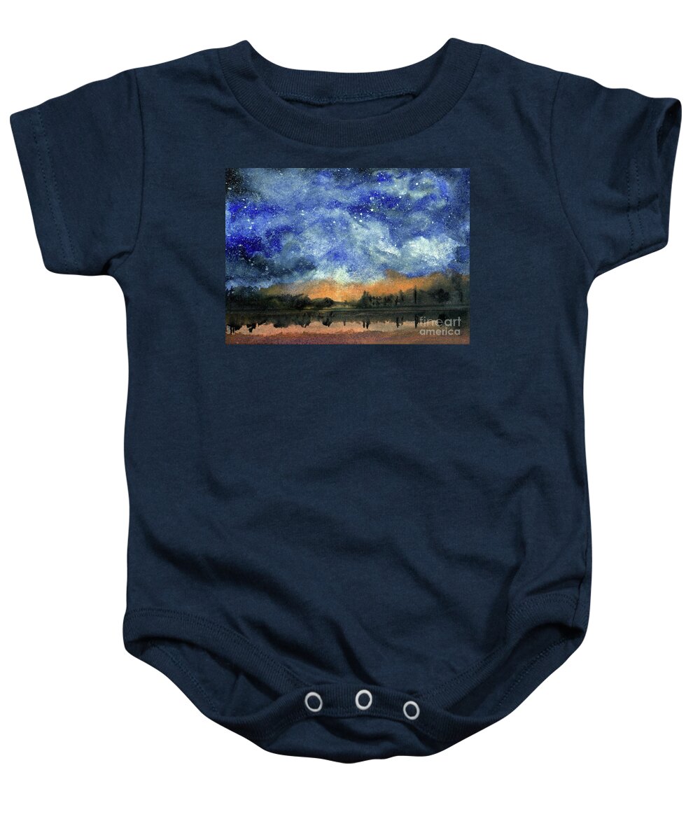 Lake Baby Onesie featuring the painting Starry Night Across Our Lake by Randy Sprout