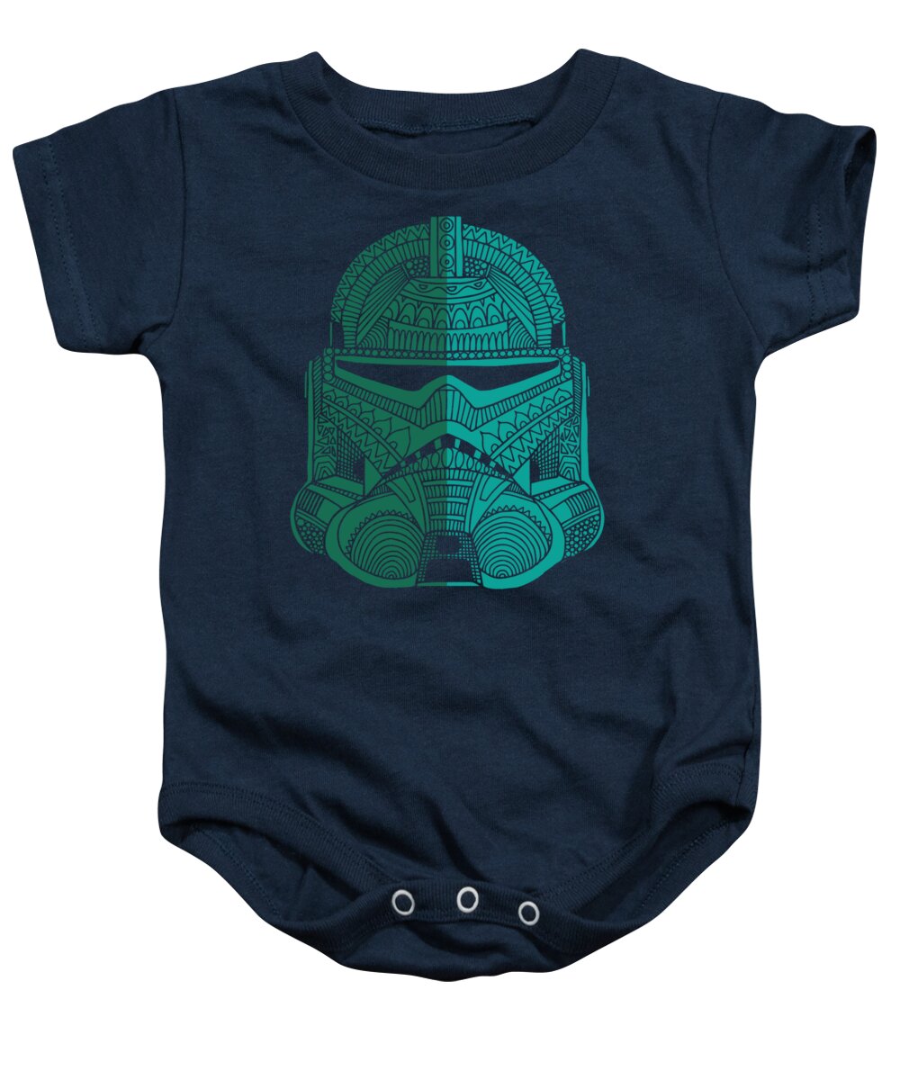 Stormtrooper Baby Onesie featuring the mixed media Stormtrooper Helmet - Star Wars Art - Blue Green by Studio Grafiikka