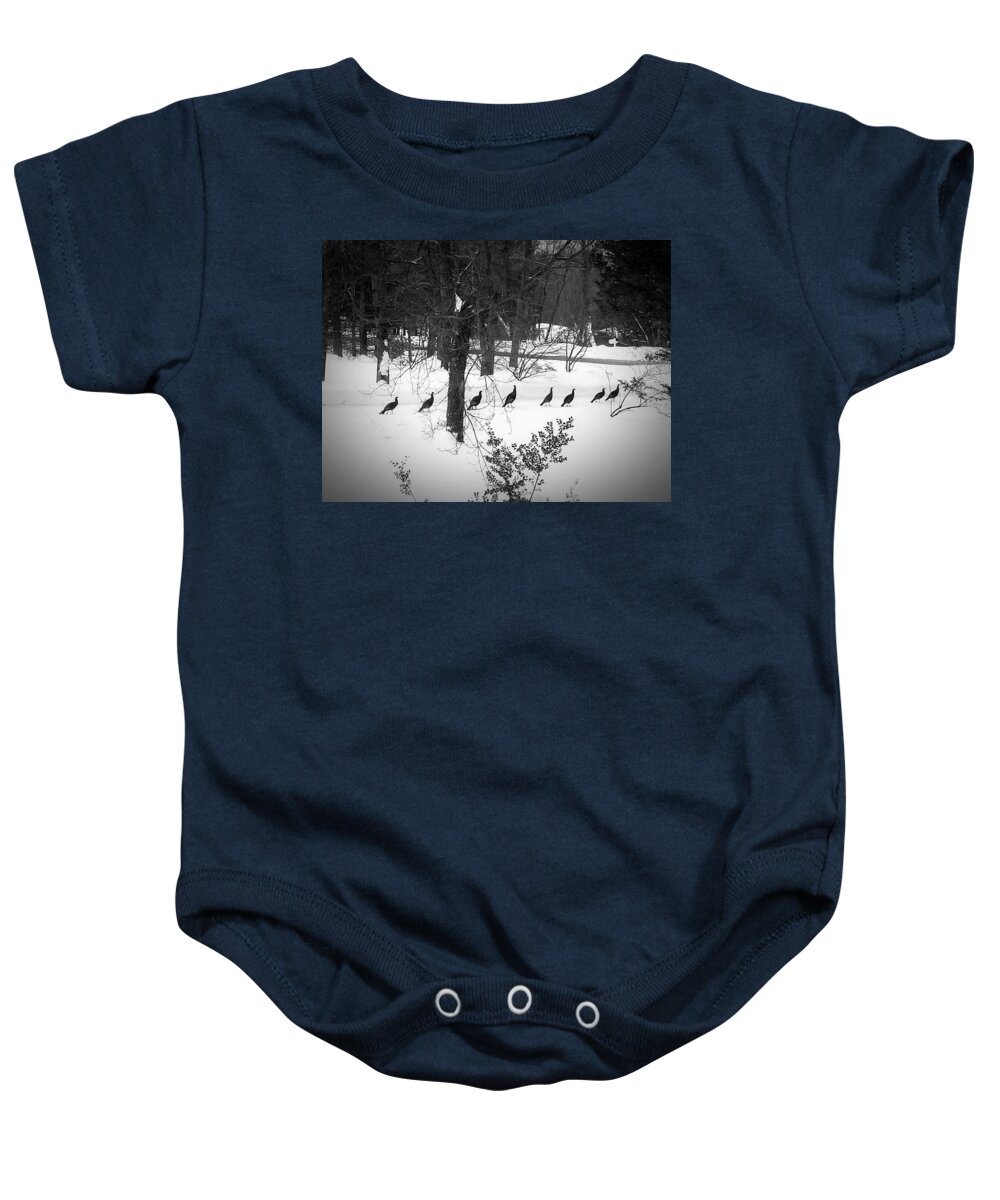 Turkey Baby Onesie featuring the photograph Ten Turkey Stroll on a Thursday, Two Were Out Of Line by Dani McEvoy