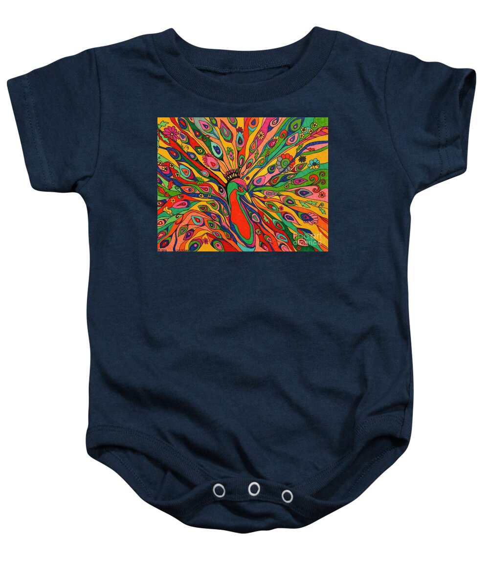 Animals Baby Onesie featuring the painting That Bloomin Peacock by Alison Caltrider